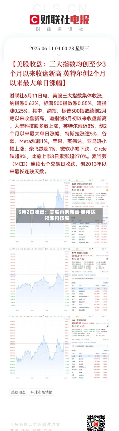 6月2日收盘:美股再创新高 英伟达领涨科技股